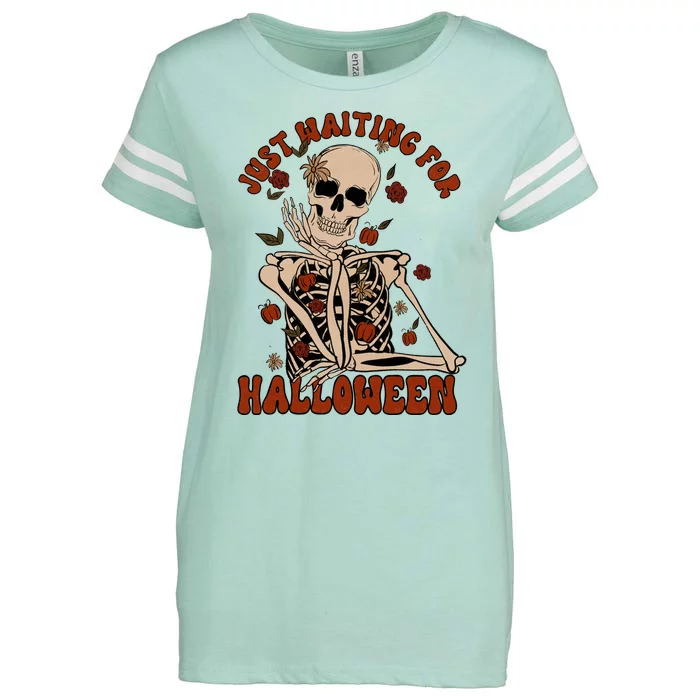 Just Waiting For Halloween Skeleton Fall Spooky Enza Ladies Jersey Football T-Shirt