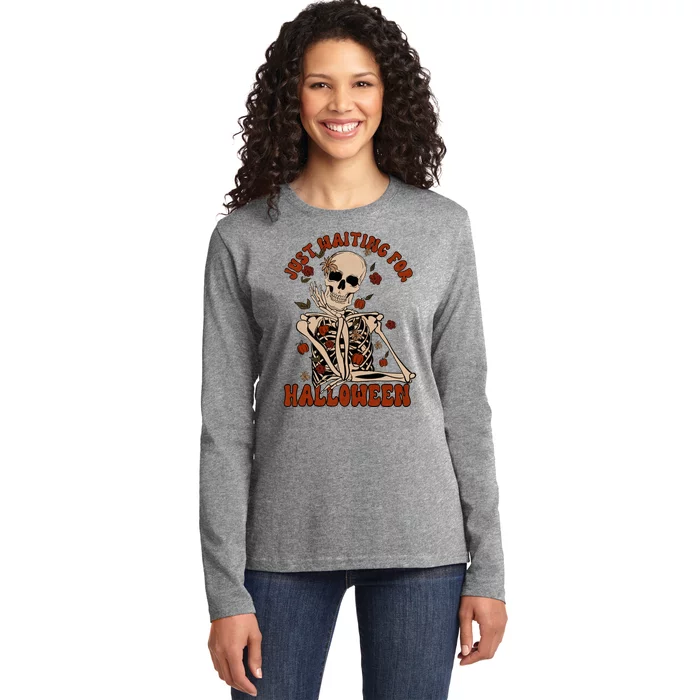 Just Waiting For Halloween Skeleton Fall Spooky Ladies Long Sleeve Shirt