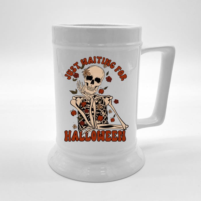 Just Waiting For Halloween Skeleton Fall Spooky Front & Back Beer Stein