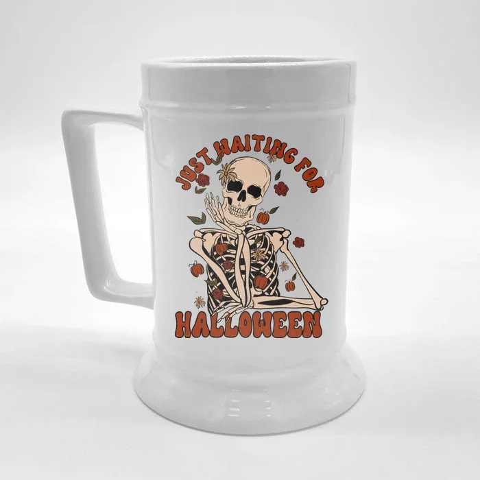 Just Waiting For Halloween Skeleton Fall Spooky Front & Back Beer Stein