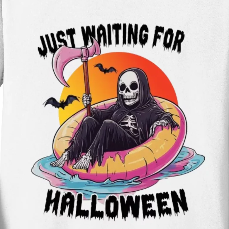 Just Waiting For Halloween Funny Skeleton Kids Long Sleeve Shirt