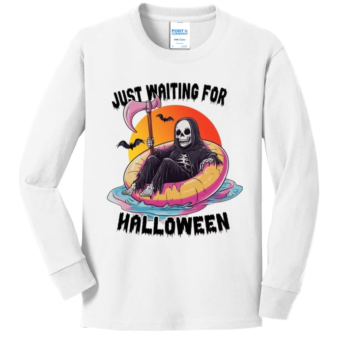 Just Waiting For Halloween Funny Skeleton Kids Long Sleeve Shirt