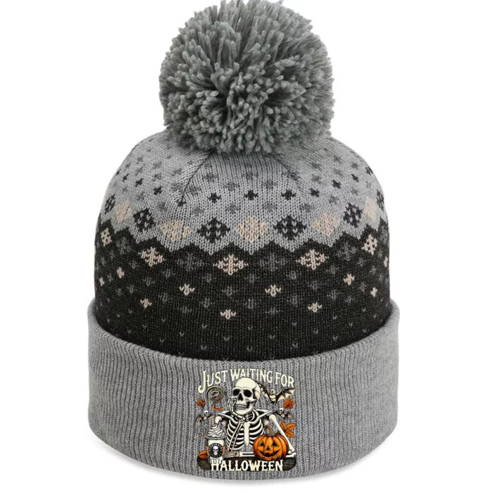 Just Waiting For Halloween Skeleton Summerween The Baniff Cuffed Pom Beanie