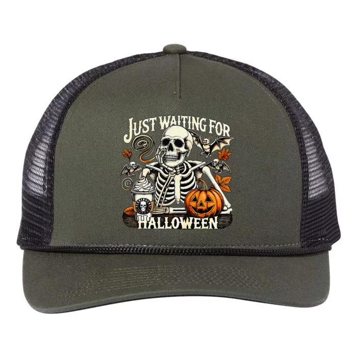 Just Waiting For Halloween Skeleton Summerween Retro Rope Trucker Hat Cap