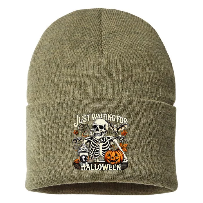 Just Waiting For Halloween Skeleton Summerween Sustainable Knit Beanie