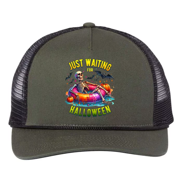 Just Waiting For Halloween Spooky Skeleton Summer Funny Retro Rope Trucker Hat Cap