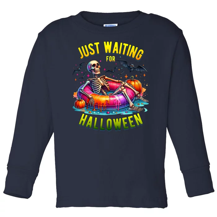 Just Waiting For Halloween Spooky Skeleton Summer Funny Toddler Long Sleeve Shirt