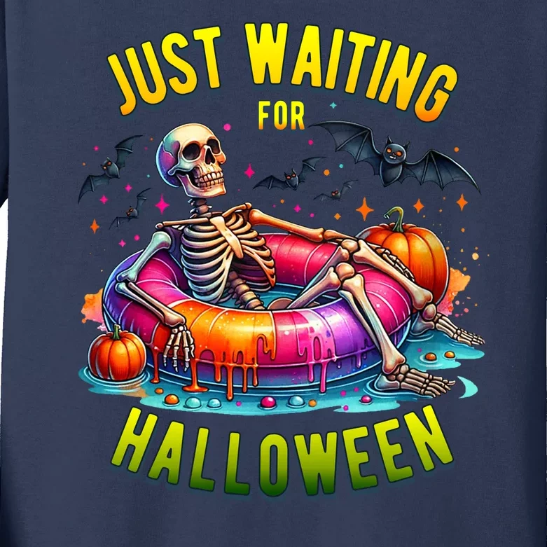 Just Waiting For Halloween Spooky Skeleton Summer Funny Kids Long Sleeve Shirt