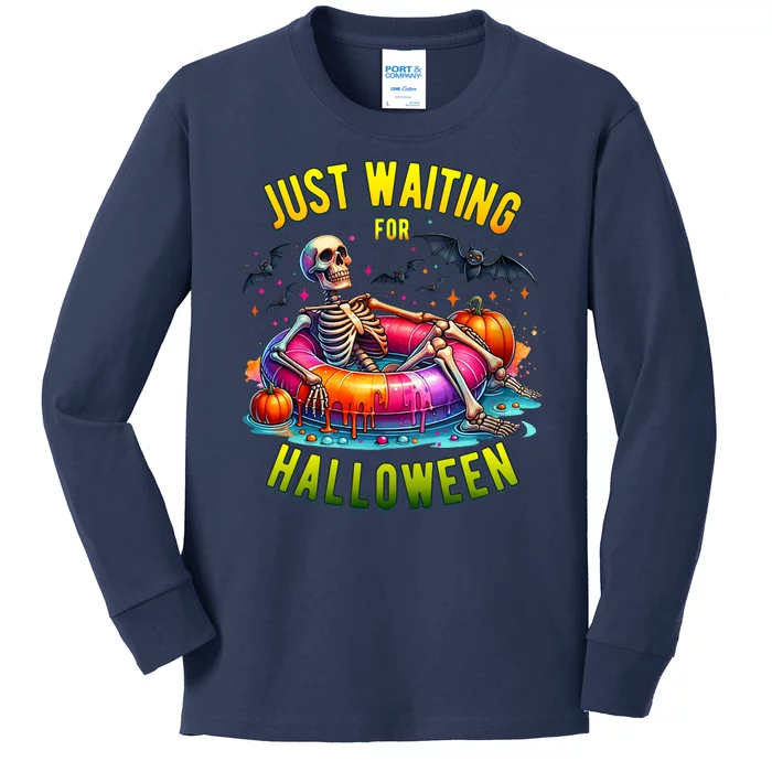 Just Waiting For Halloween Spooky Skeleton Summer Funny Kids Long Sleeve Shirt