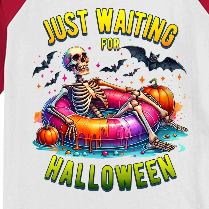 Just Waiting For Halloween Spooky Skeleton Summer Funny Kids Colorblock Raglan Jersey