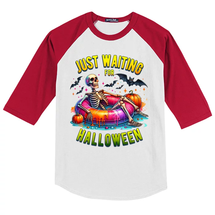 Just Waiting For Halloween Spooky Skeleton Summer Funny Kids Colorblock Raglan Jersey