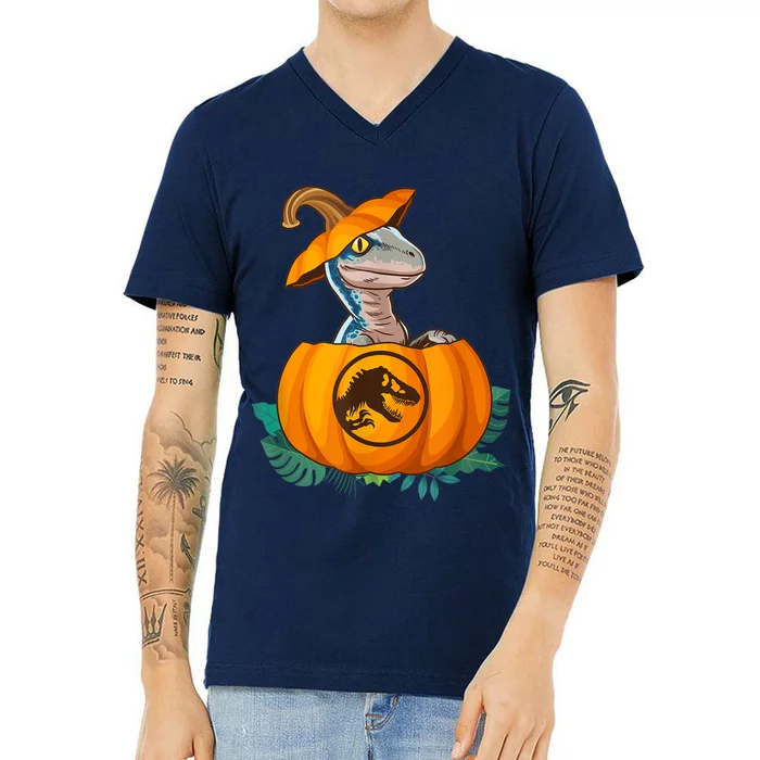 Jurassic World Halloween Dinosaur Pumpkin Logo V-Neck T-Shirt