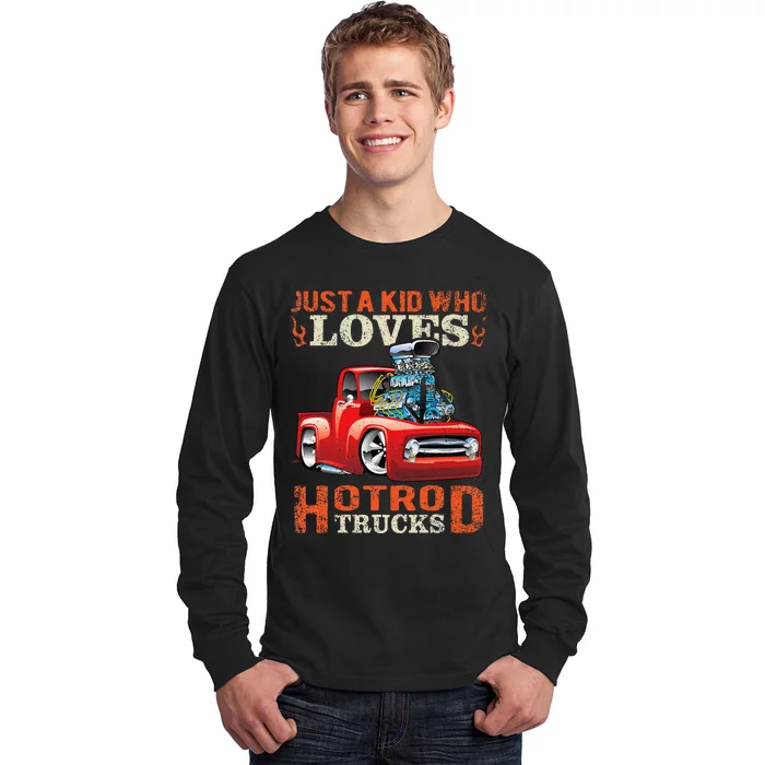 Just Who Loves Hotrod Trucks Cartoon Distressed Design Long Sleeve Shirt