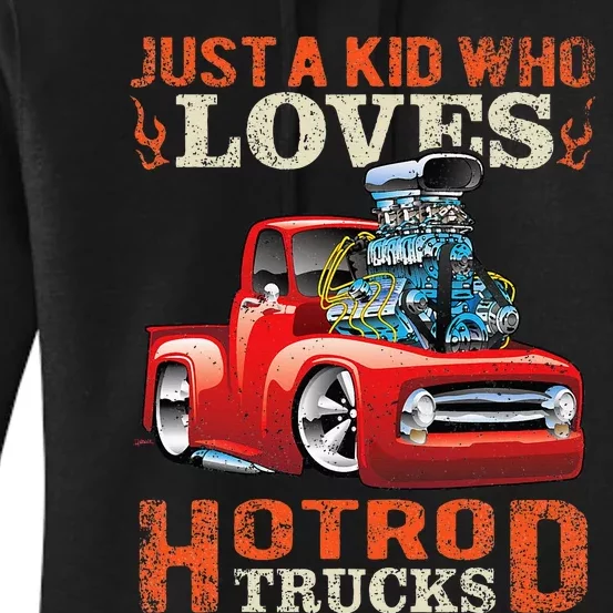 Just Who Loves Hotrod Trucks Cartoon Distressed Design Women's Pullover Hoodie