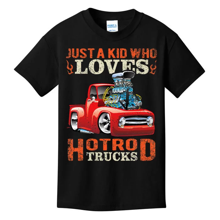 Just Who Loves Hotrod Trucks Cartoon Distressed Design Kids T-Shirt