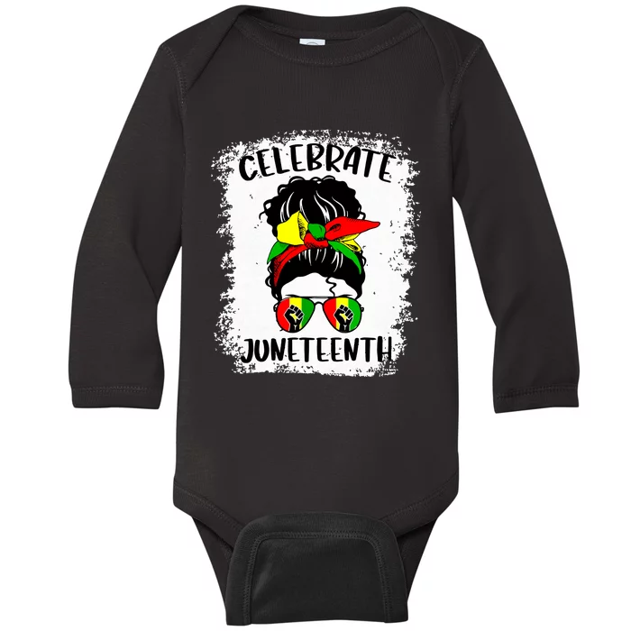 Juneteenth Women Messy Bun Juneteenth Celebrate 1865 Baby Long Sleeve Bodysuit