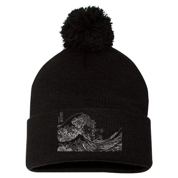 Japanese Wave Ocean Traditional Japan Pom Pom 12in Knit Beanie