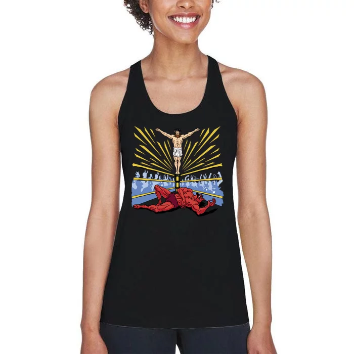 Jesus Wrestling Satan Women's Racerback Tank