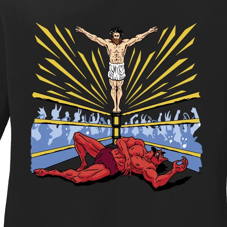 Jesus Wrestling Satan Ladies Long Sleeve Shirt