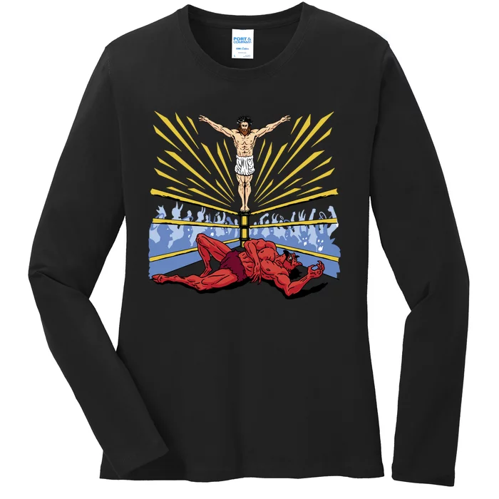 Jesus Wrestling Satan Ladies Long Sleeve Shirt