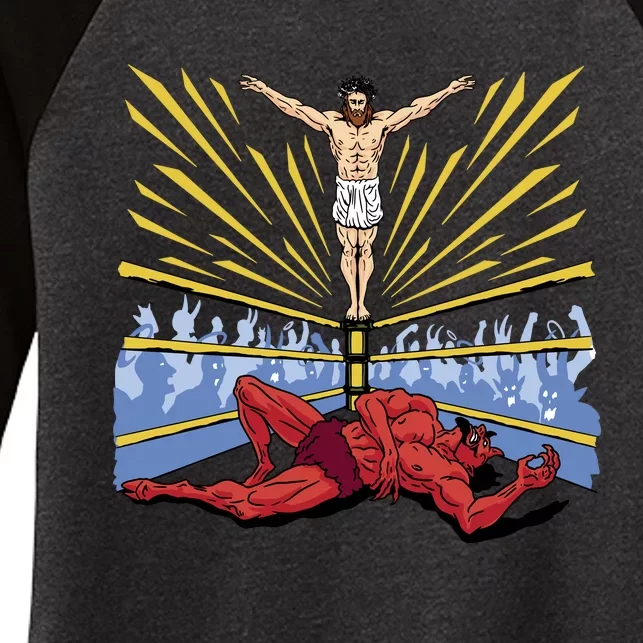 Jesus Wrestling Satan Women's Tri-Blend 3/4-Sleeve Raglan Shirt