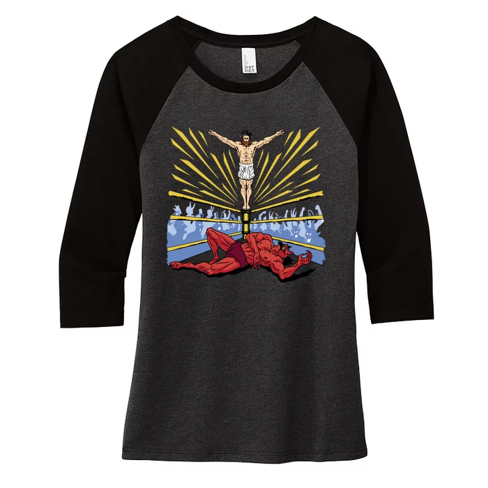 Jesus Wrestling Satan Women's Tri-Blend 3/4-Sleeve Raglan Shirt