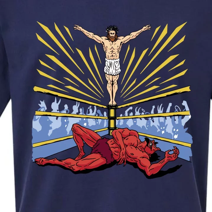 Jesus Wrestling Satan Sueded Cloud Jersey T-Shirt