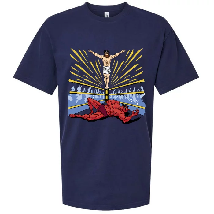 Jesus Wrestling Satan Sueded Cloud Jersey T-Shirt