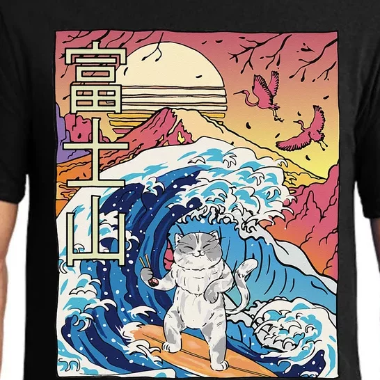 Japanese Wave Surfing Cat Art Japanese Mount Fuji Sunset Pajama Set