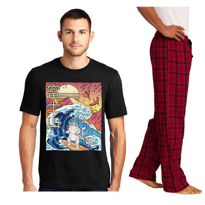 Japanese Wave Surfing Cat Art Japanese Mount Fuji Sunset Pajama Set