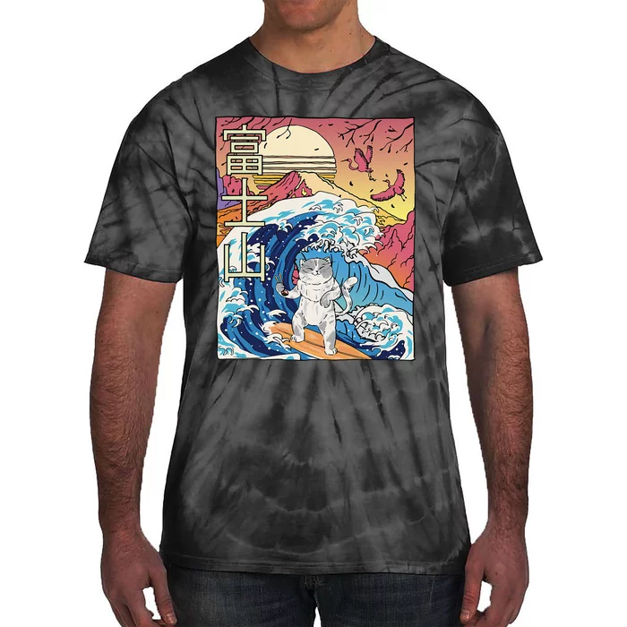 Japanese Wave Surfing Cat Art Japanese Mount Fuji Sunset Tie-Dye T-Shirt