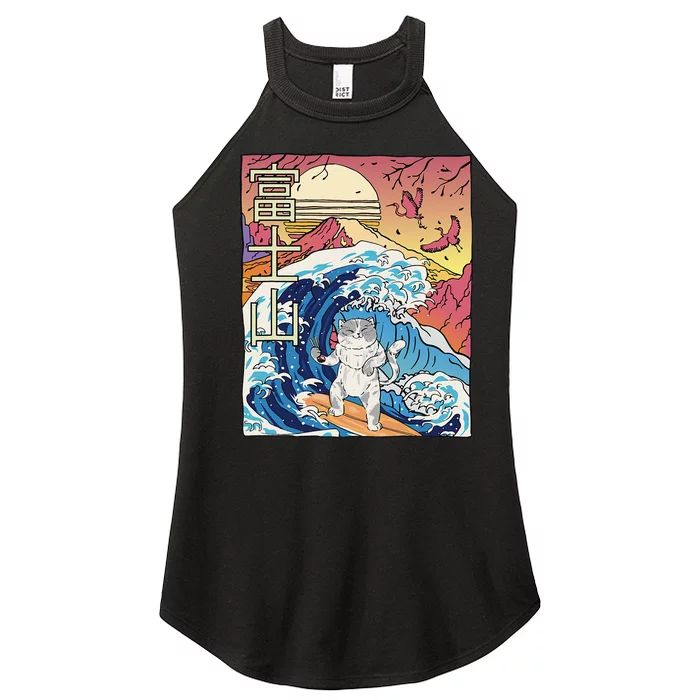 Japanese Wave Surfing Cat Art Japanese Mount Fuji Sunset Women’s Perfect Tri Rocker Tank