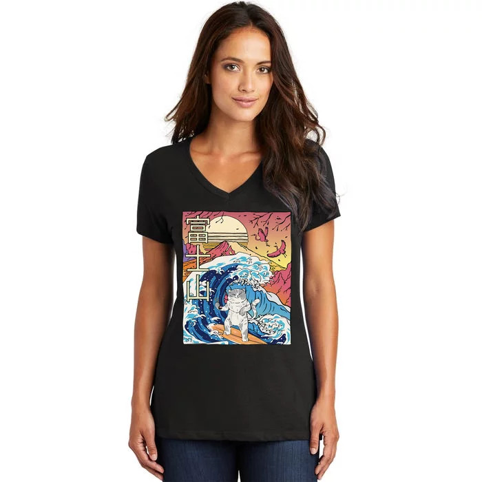 Japanese Wave Surfing Cat Art Japanese Mount Fuji Sunset Women's V-Neck T-Shirt