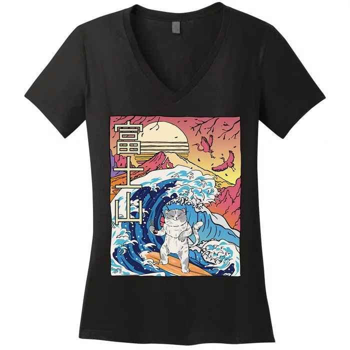 Japanese Wave Surfing Cat Art Japanese Mount Fuji Sunset Women's V-Neck T-Shirt