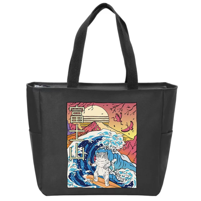 Japanese Wave Surfing Cat Art Japanese Mount Fuji Sunset Zip Tote Bag