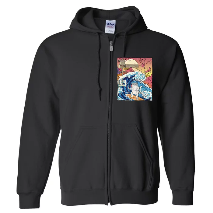 Japanese Wave Surfing Cat Art Japanese Mount Fuji Sunset Full Zip Hoodie