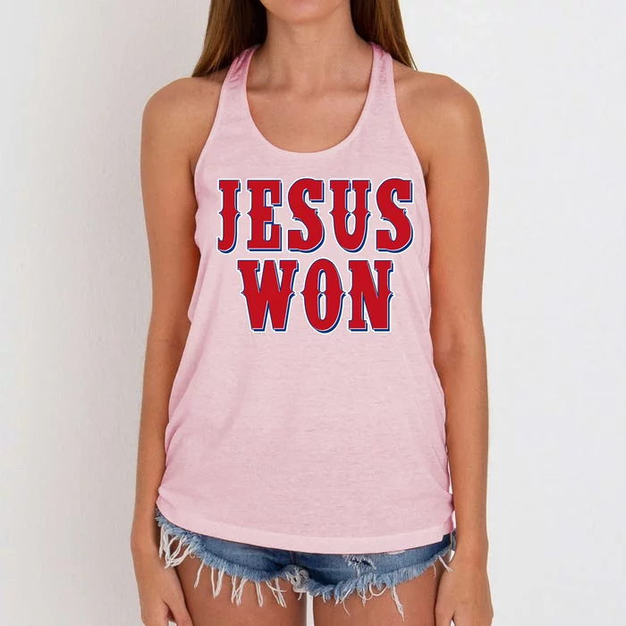 Jesus Won Texas Baseball Fan Women's Knotted Racerback Tank