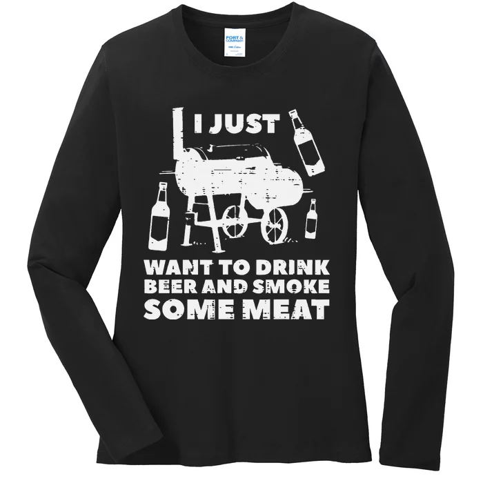 Just Want To Grill Some Meat Fun Bbq Barbecue Ladies Long Sleeve Shirt