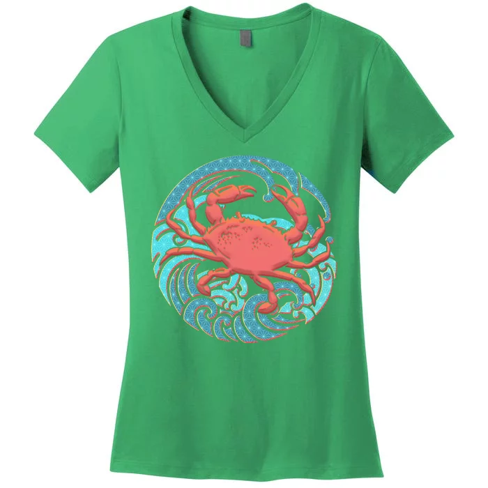 Japanese Water Wave Crab Women's V-Neck T-Shirt