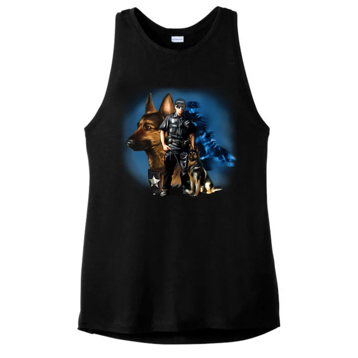 K-9 With Police Officer Silhouette Ladies Tri-Blend Wicking Tank