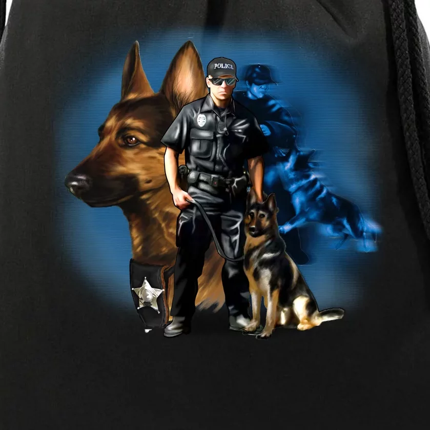 K-9 With Police Officer Silhouette Drawstring Bag