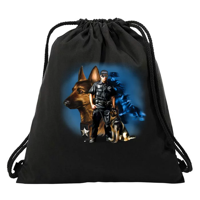 K-9 With Police Officer Silhouette Drawstring Bag