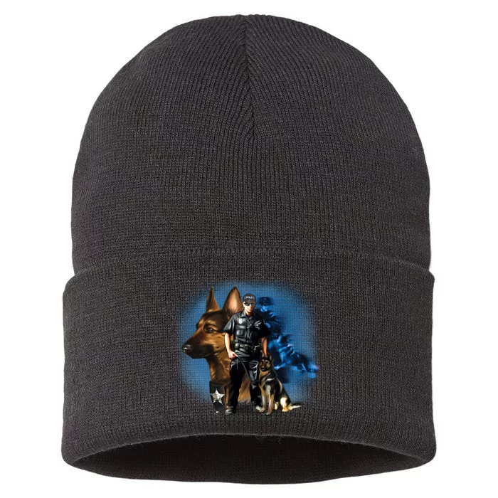 K-9 With Police Officer Silhouette Sustainable Knit Beanie