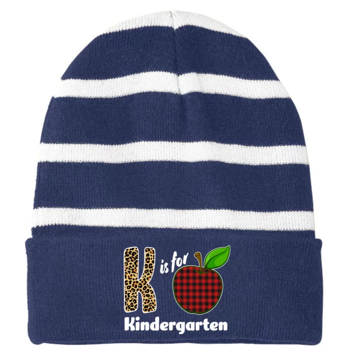 K Is For Kindergarten Teacher Leopard Buffalo Plaid Striped Beanie with Solid Band