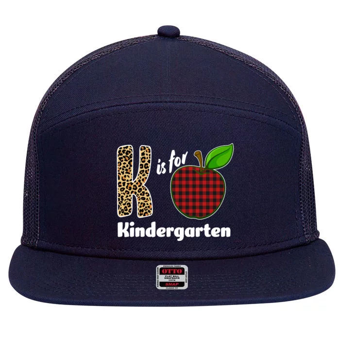 K Is For Kindergarten Teacher Leopard Buffalo Plaid 7 Panel Mesh Trucker Snapback Hat