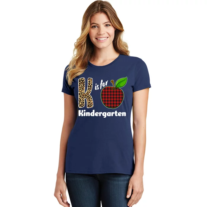 K Is For Kindergarten Teacher Leopard Buffalo Plaid Women's T-Shirt