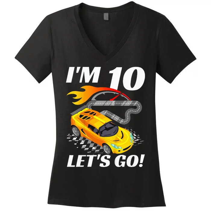 Kids 10 Year Old 10th Racing Racecar Birthday Party Women's V-Neck T-Shirt