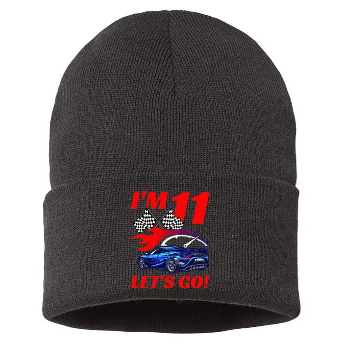 Kids 11 Year Old 11th Racing Racecar Birthday Party Sustainable Knit Beanie