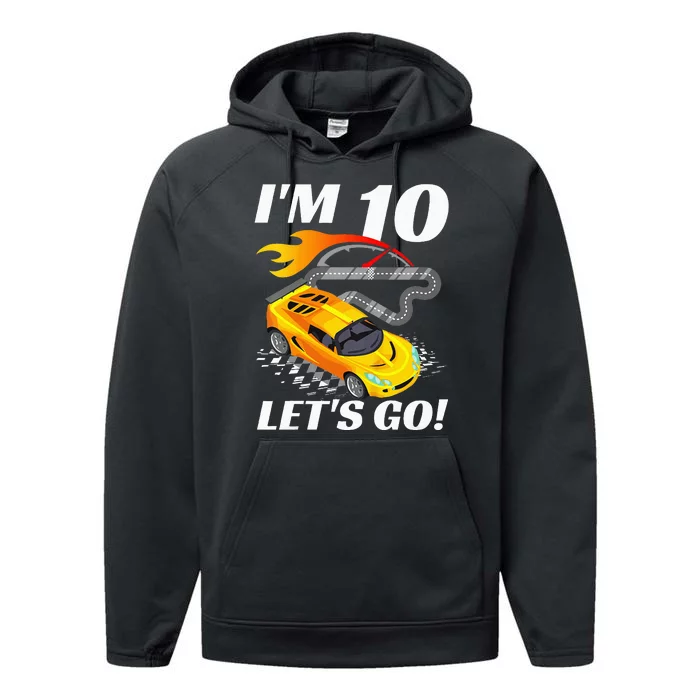 Kids 10 Year Old 10th Racing Racecar Birthday Party Performance Fleece Hoodie