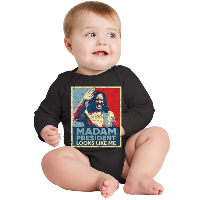 Kamala 2024 Poster Madam President Looks Like Me Baby Long Sleeve Bodysuit